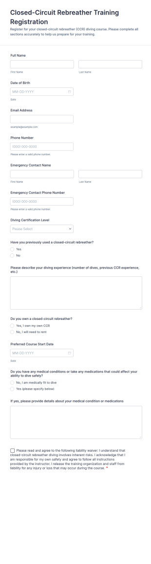 Closed Circuit Rebreather Training Registration Form Template