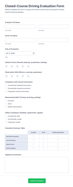 Closed Course Driving Evaluation Form Template