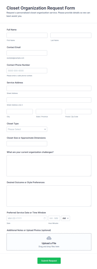 Closet Organization Request Form Template