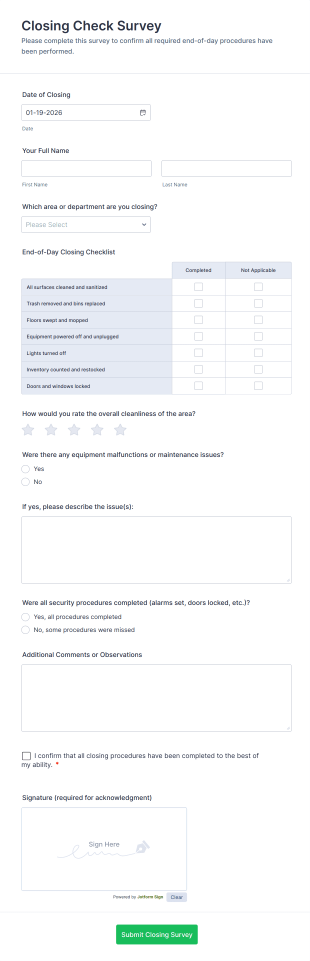 Closing Check Survey Form Template