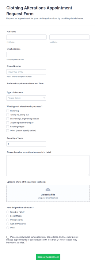 Clothing Alterations Appointment Request Form Template