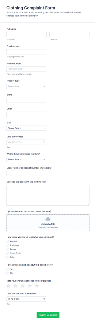Clothing Complaint Form Template