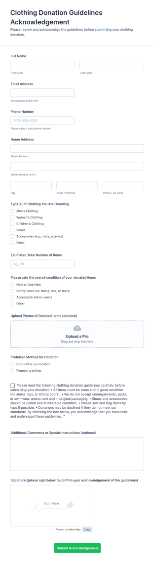 Clothing Donation Guidelines Acknowledgement Form Template