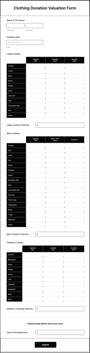 Clothing Donation Valuation Form Template