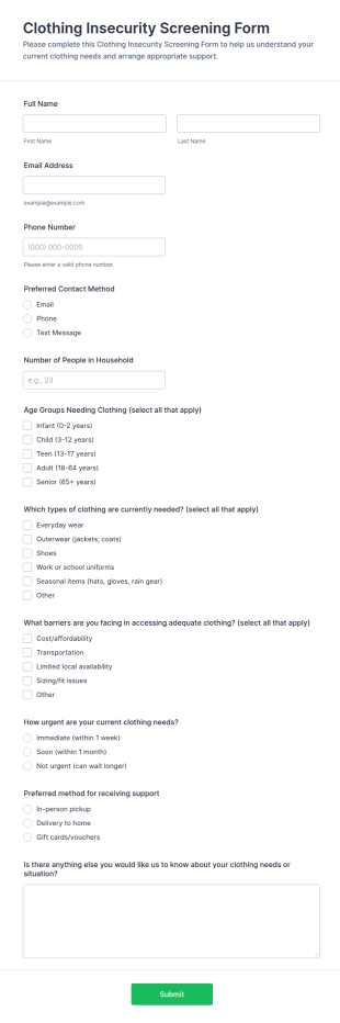 Clothing Insecurity Screening Form Template
