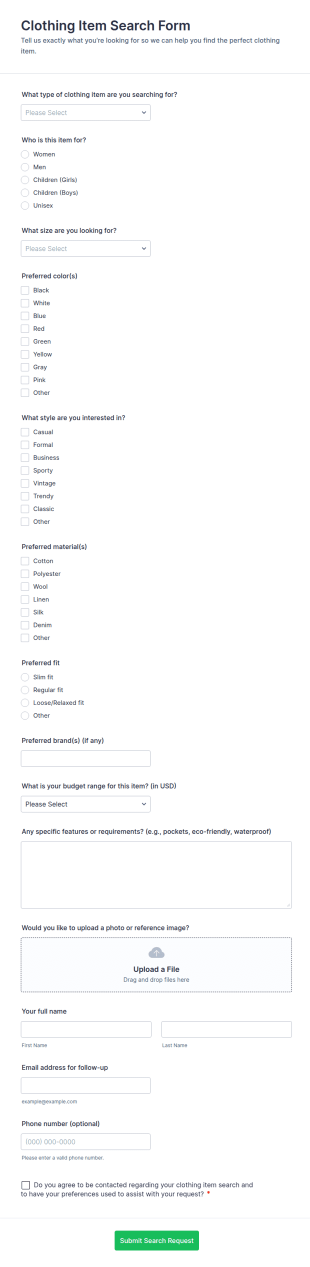 Clothing Item Search Form Template