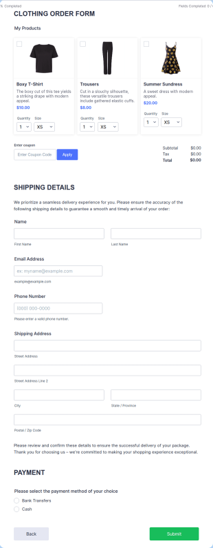 Clothing Order Form Template
