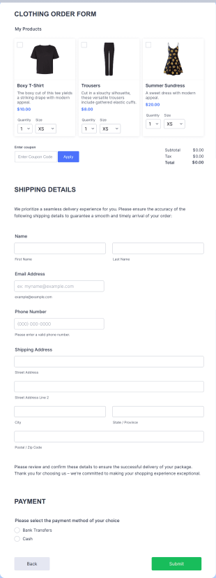 Clothing Order Form Template