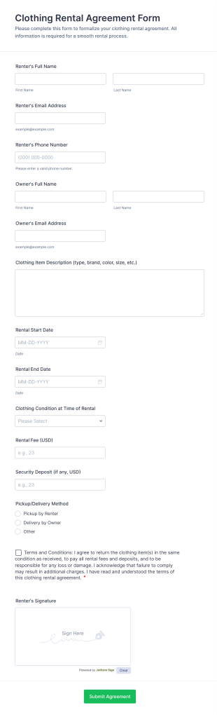 Clothing Rental Agreement Form Template