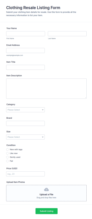 Clothing Resale Listing Form Template