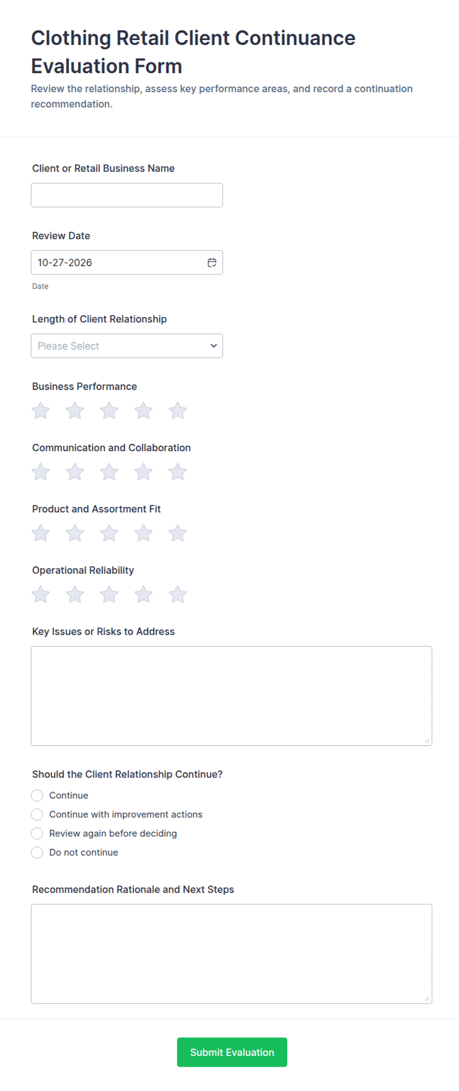 Clothing Retail Client Continuance Evaluation Form Template | Jotform