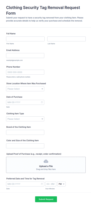 Clothing Security Tag Removal Request Form Template