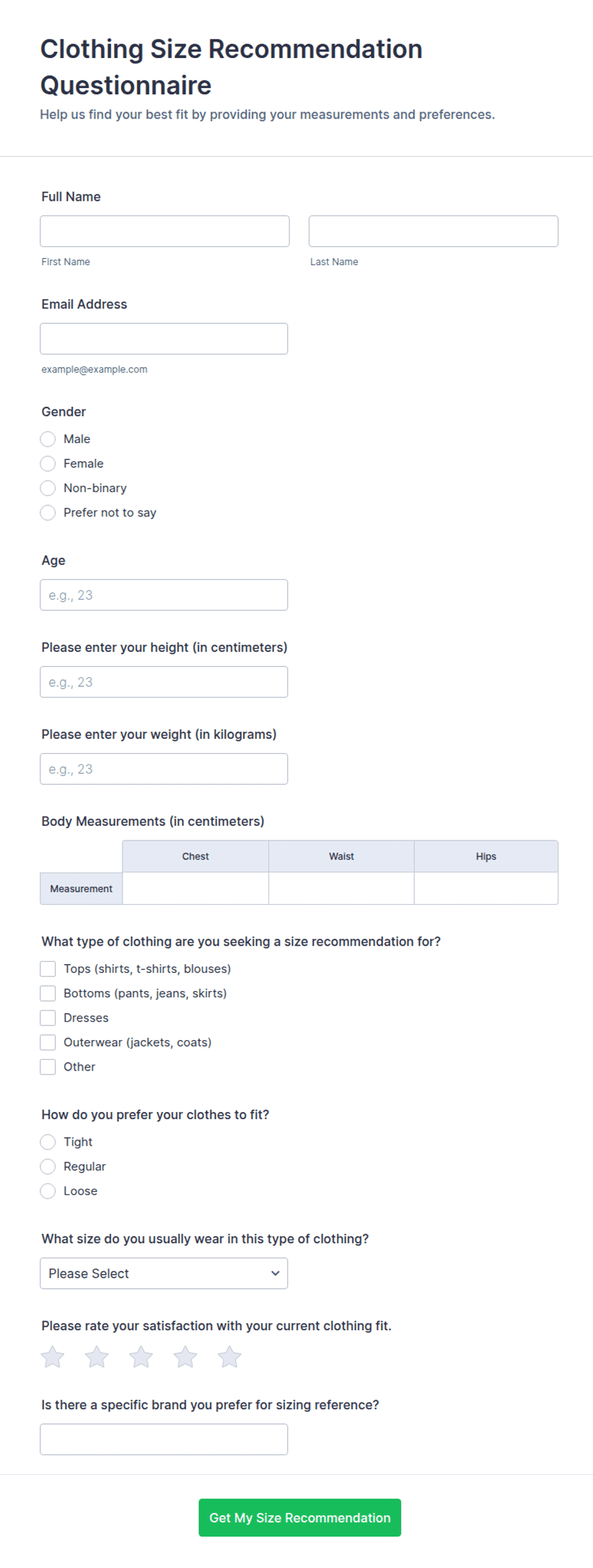 Clothing Size Recommendation Questionnaire Form Template | Jotform