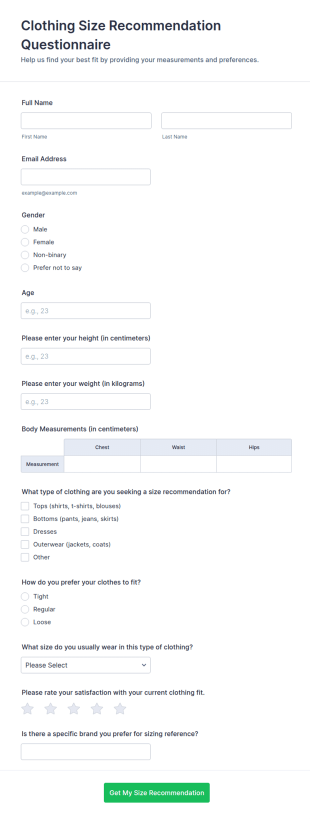 Clothing Size Recommendation Questionnaire Form Template