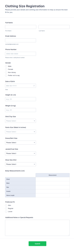 Clothing Size Registration Form Template