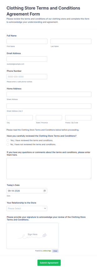 Clothing Store Terms And Conditions Agreement Form Template