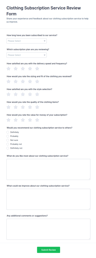 Clothing Subscription Service Review Form Template