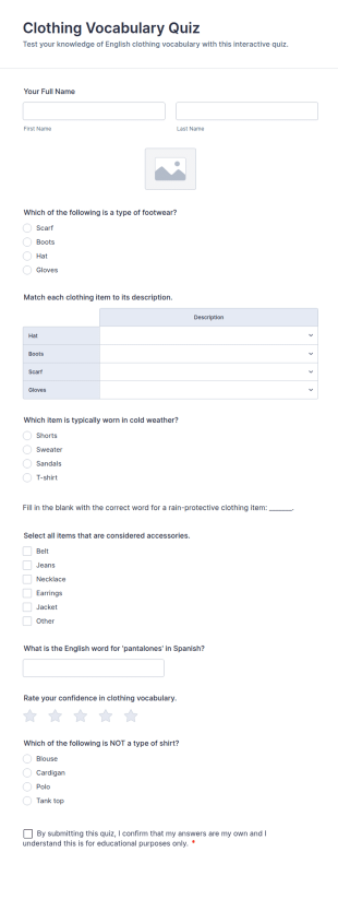 Clothing Vocabulary Quiz Form Template