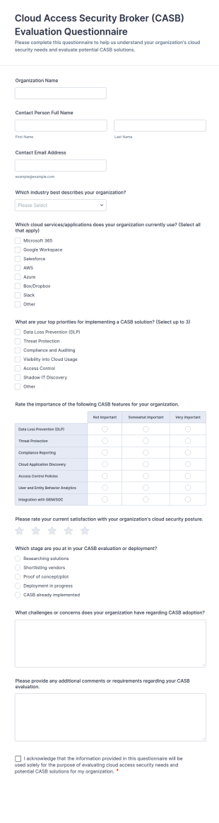 Cloud Access Security Broker (CASB) Evaluation Questionnaire Form Template