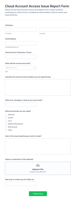 Cloud Account Access Issue Report Form Template