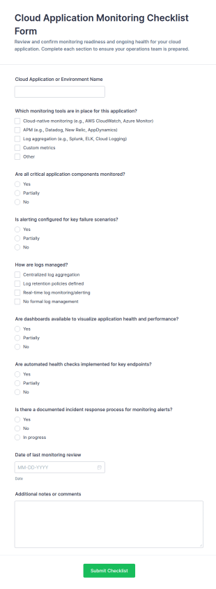 Cloud Application Monitoring Checklist Form Template