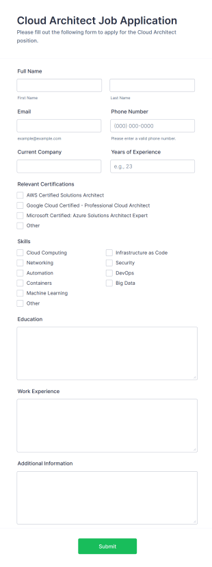 Cloud Architect Job Application Form Template