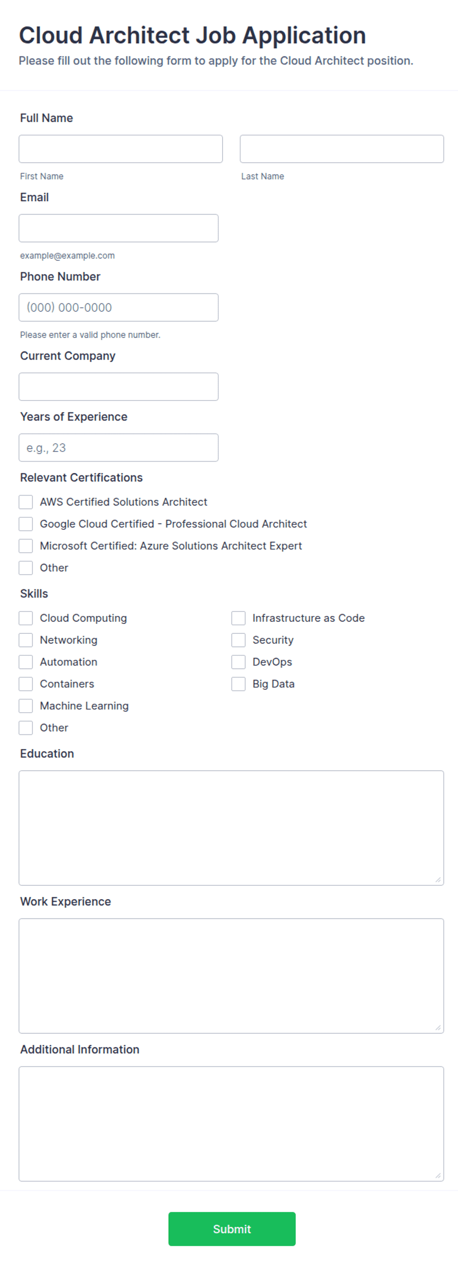 Application Form Attic Sample Cloud Architect Job Application Form Template | Jotform
