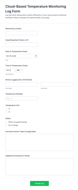Cloud Based Temperature Monitoring Log Form Template