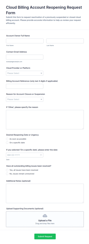 Cloud Billing Account Reopening Request Form Template