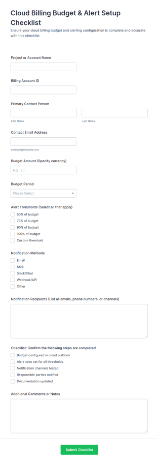 Cloud Billing Budget & Alert Setup Checklist Form Template