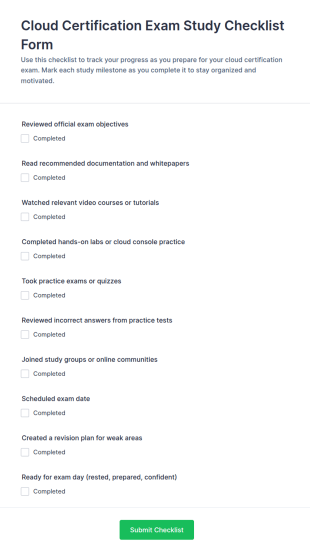 Cloud Certification Exam Study Checklist Form Template