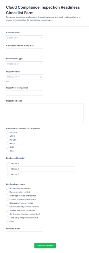 Cloud Compliance Inspection Readiness Checklist Form Template