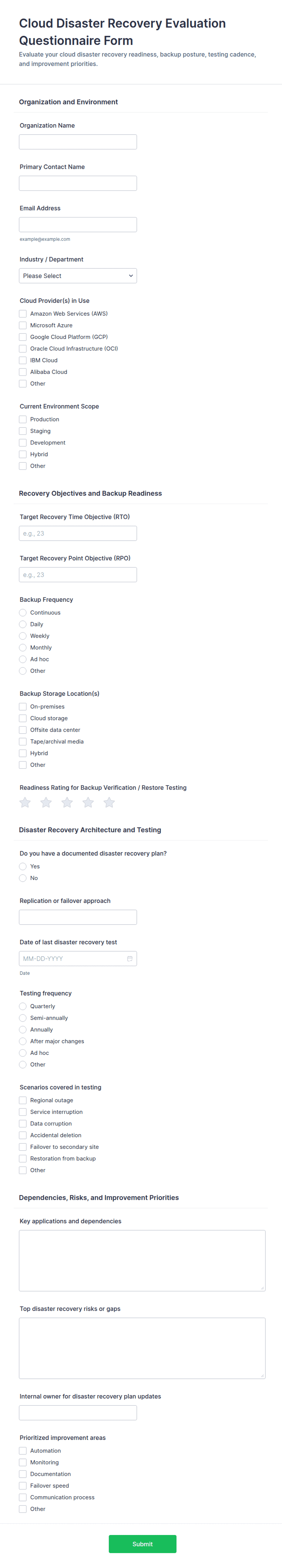 Cloud Disaster Recovery Evaluation Questionnaire Form Template | Jotform
