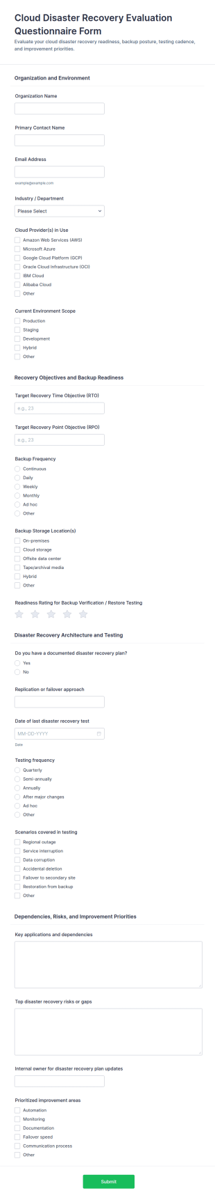Cloud Disaster Recovery Evaluation Questionnaire Form Template