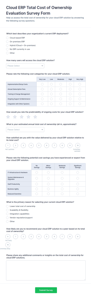 Cloud ERP Total Cost Of Ownership Evaluation Survey Form Template