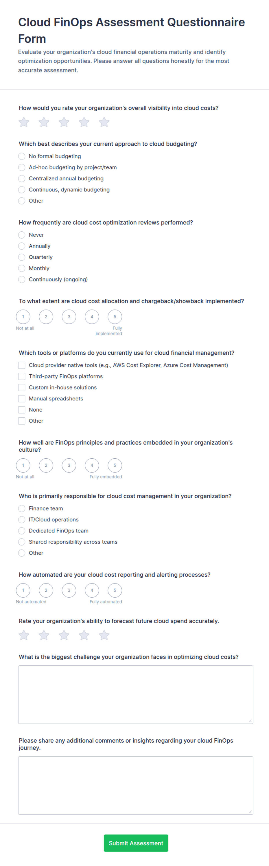 Cloud FinOps Assessment Questionnaire Form Template | Jotform