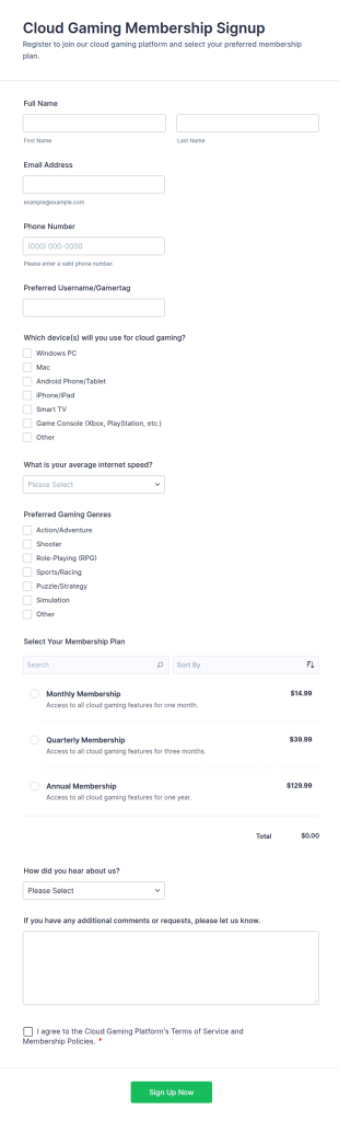 Cloud Gaming Membership Signup Form Template
