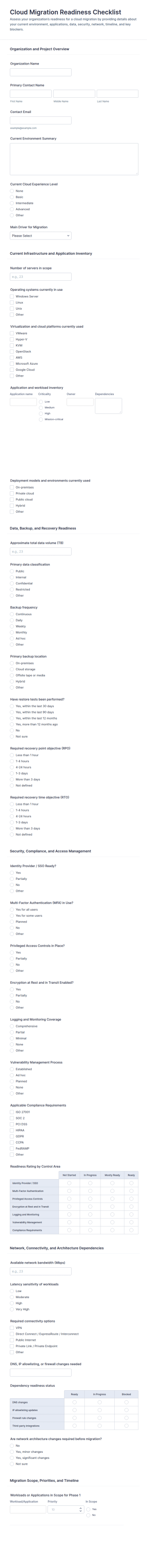 Cloud Migration Readiness Checklist Form Template