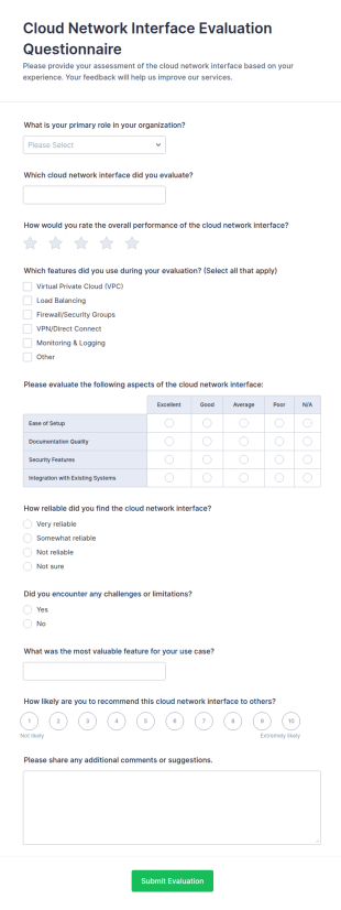 Cloud Network Interface Evaluation Questionnaire Form Template