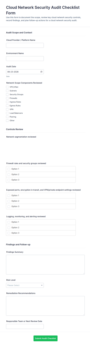 Cloud Network Security Audit Checklist Form Template
