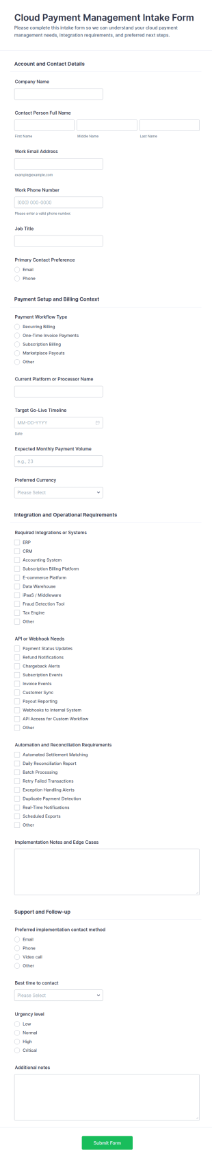 Cloud Payment Management Intake Form Template