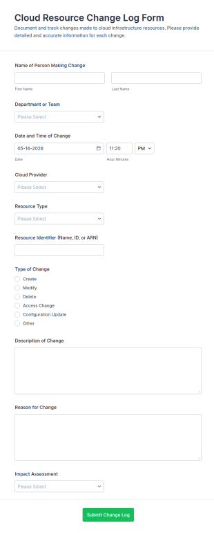 Cloud Resource Change Log Form Template