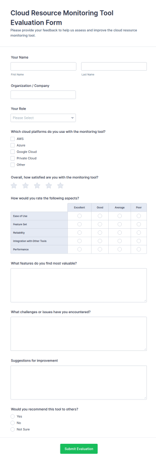 Cloud Resource Monitoring Tool Evaluation Form Template
