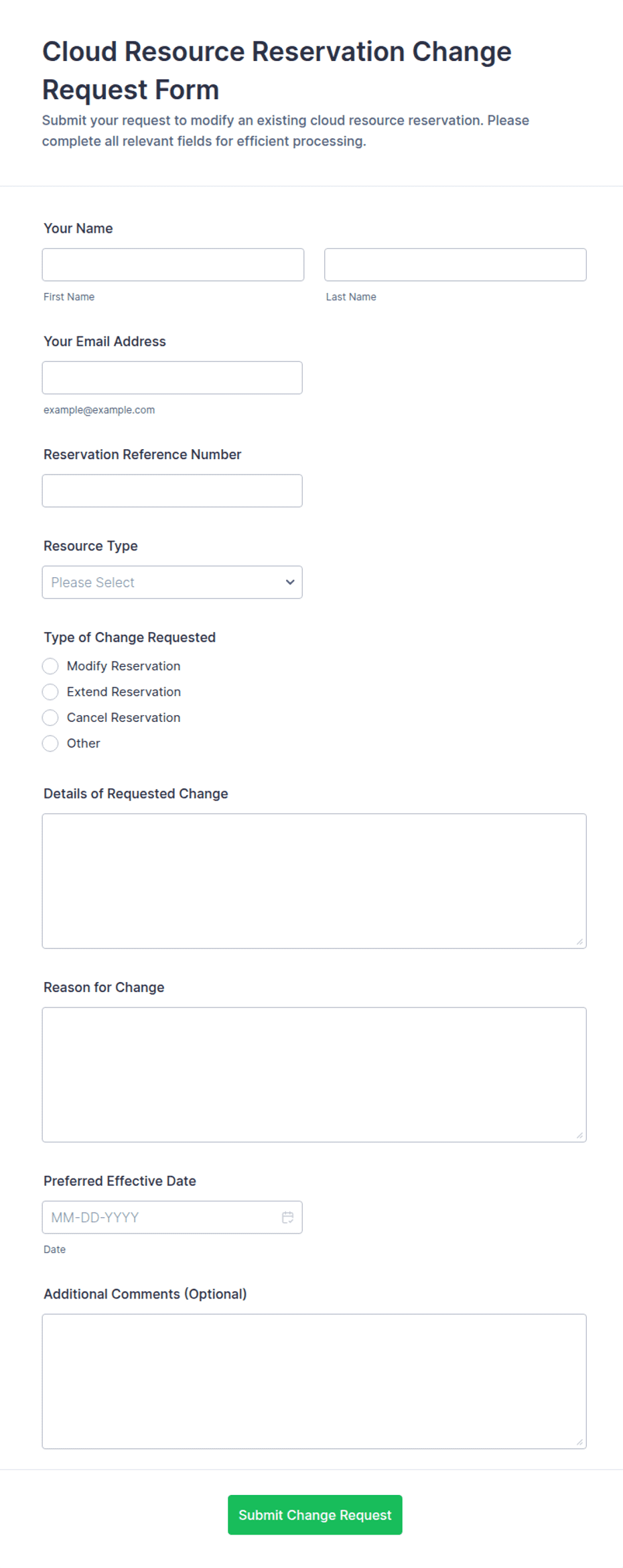 Cloud Resource Reservation Change Request Form Template | Jotform