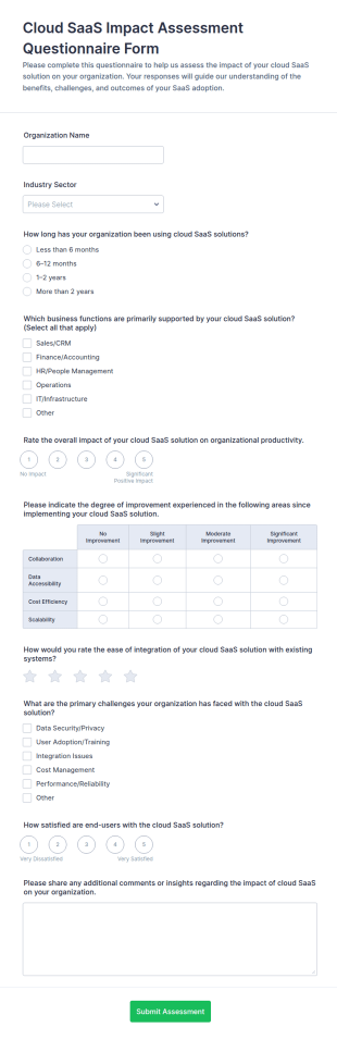Cloud SaaS Impact Assessment Questionnaire Form Template