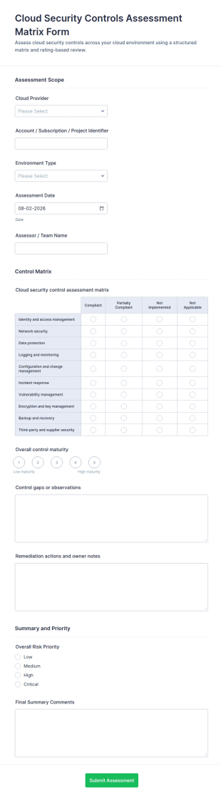 Cloud Security Controls Assessment Matrix Form Template