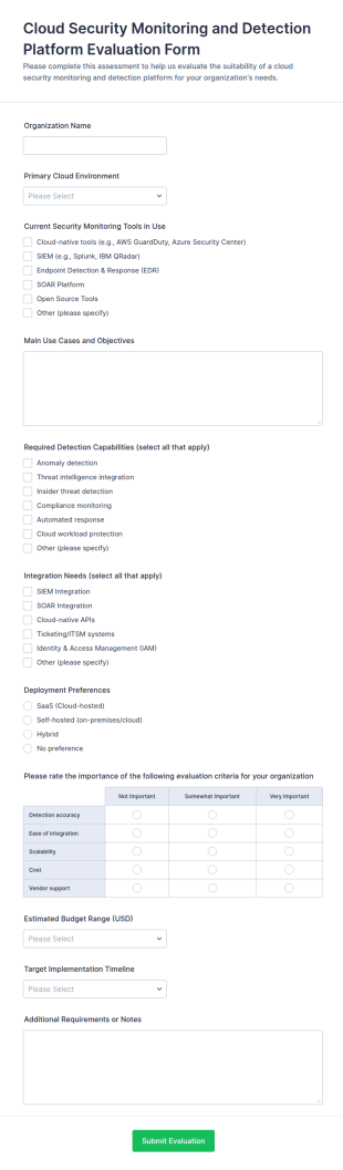 Cloud Security Monitoring And Detection Platform Evaluation Form Template