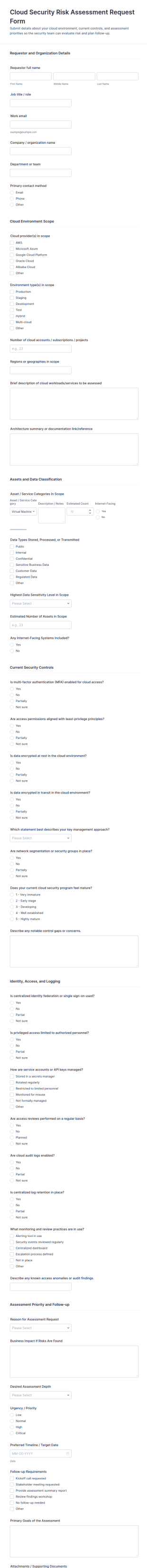 Cloud Security Risk Assessment Request Form Template