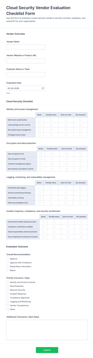 Cloud Security Vendor Evaluation Checklist Form Template