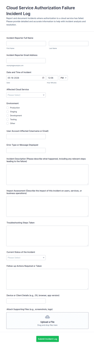 Cloud Service Authorization Failure Incident Log Form Template